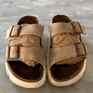 Papillio by Birkenstock Women's Double-Buckle Suede Platform Mules Tan/White